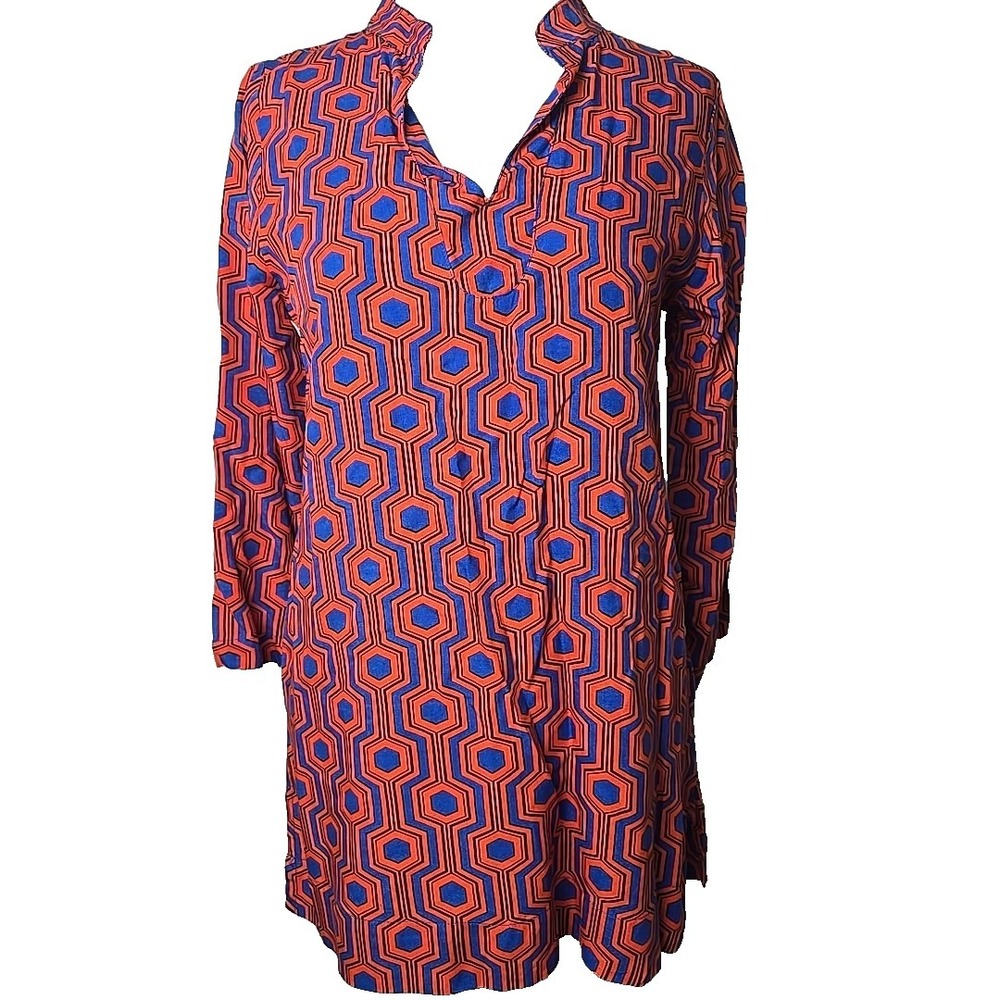 Escapade Living Orange Blue Geometric Print Poplin Rayon 3/4 Sleeve Tunic Top XS